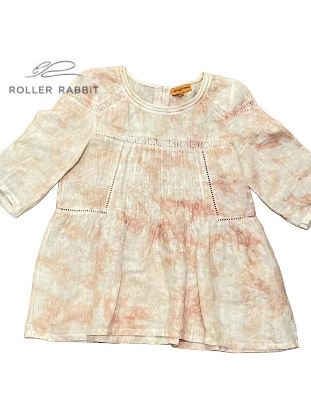 Roberta Freymann Linen Tie Dye Lace trim Boho Peasant Blouse M
